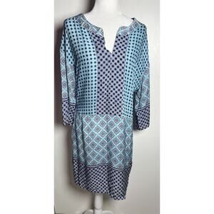 Tommy Bahama Blue 3/4 Sleeve Geometric Print Lightweight Casual Dress Size Large